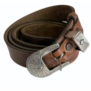 Brown Oil-Tanned Leather Western Belt Women's Size 12 Engraved Silver Hardware